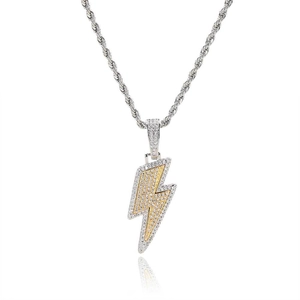 Hip hop lightning bolt pendant necklace in silver and gold zircon with twisted chain