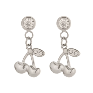 Macro detail of cherry stud earrings with silver plating and clear sparkling rhinestones
