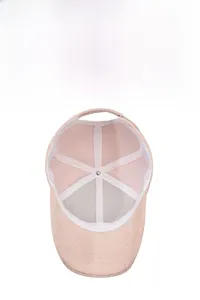 Internal view of pink herringbone baseball cap with mesh lining and metal buckle adjustment
