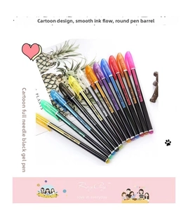 Close-up of a 12-pack of colorful cartoon gel pens with 1.0mm full needle tips