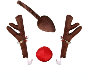 Detailed plush brown reindeer antlers and red nose car decoration kit on white background