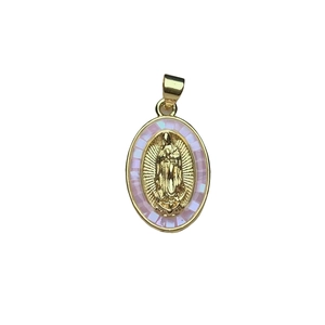 Oval Virgin Mary pendant featuring pink shell inlay and gold finish on white background
