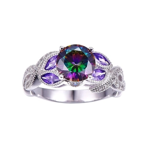 Elegant silver ring with a round mystic topaz center stone and purple marquise side gems