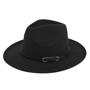 Detailed shot of the wool fedora's black leather band and polished silver buckle