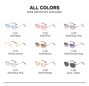 Nine color grid of rimless sunglasses with gold temples and assorted gradient lenses