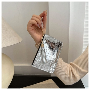 Silver crocodile pattern coin purse with gold zipper and tassel held by a model