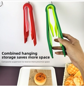 Nesting design of plastic kitchen tongs showing space-saving wall hanging storage