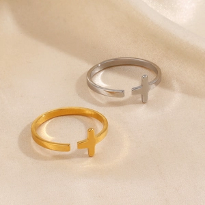 Minimalist stainless steel cross open ring in gold and silver finish on satin