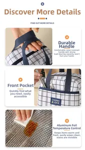 Detail of insulated lunch bag showing durable handles, side pocket and foil lining