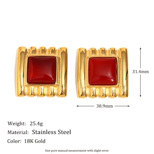 Vintage 18K gold plated stainless steel square earrings with red ruby gemstones