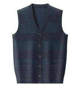 Detailed macro view of dark blue V-neck knit vest with subtle diamond texture and front buttons