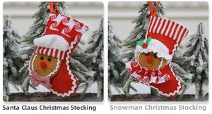 Detail of Christmas stocking ornaments featuring 3D Santa and Snowman designs