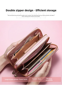 Detail view of pink PU leather long wallet with double zippers and multiple card slots