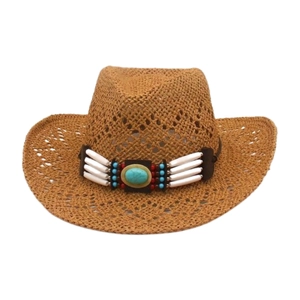 French style breathable straw cowboy hat with turquoise gemstone and bohemian beads detail