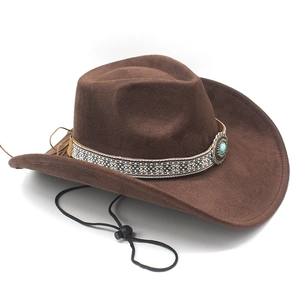Brown western cowboy wool hat with ethnic band and turquoise buckle detail