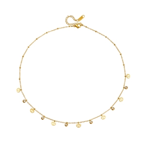 Gold stainless steel necklace featuring evil eye charms and round zircon pendants