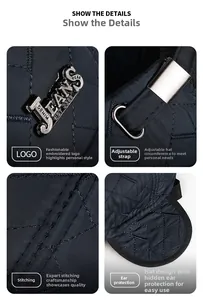 Detailed view of men's winter cap with ear flaps, metal logo, and adjustable buckle