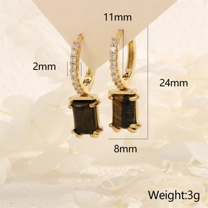 Detail of 18K gold plated drop earrings with tiger eye stone and white zircon stones