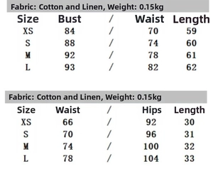 Detailed size chart for cotton linen button vest and shorts set with measurements
