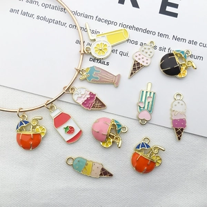 Macro view of colorful summer ice cream and drink pendants with gold-plated DIY loops