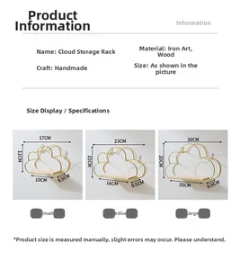 Size chart for cloud shaped iron wall shelves in small, medium, and large dimensions