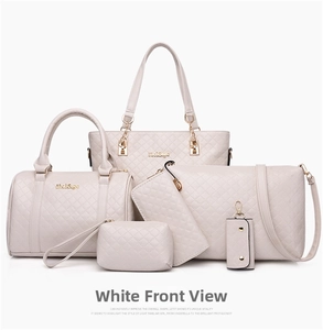Detailed view of 6-piece white quilted leather handbag set with metal logo accents