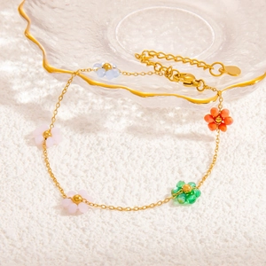 18k gold plated stainless steel bracelet with colorful beaded flowers for women
