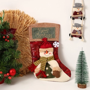 Detail of red Christmas stocking with 3D snowman figurine and Merry Christmas embroidery