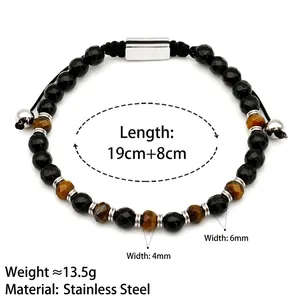 Adjustable men's beaded bracelet with 4mm-6mm tiger eye stones and stainless steel clasp