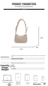 Detailed size chart of floral fabric shoulder bag with specific CM measurements and weight