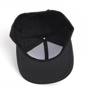 Detail view of the black hip-hop cap interior showing stitching and adjustable strap