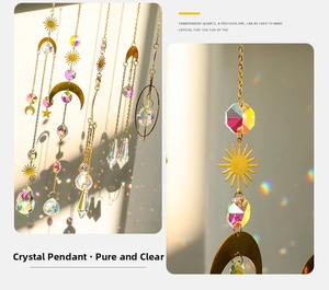 Close-up of bohemian suncatcher with crystal prisms reflecting rainbow light spots