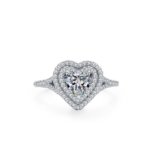 Classic S925 sterling silver ring with luxury heart-cut diamond and double halo setting