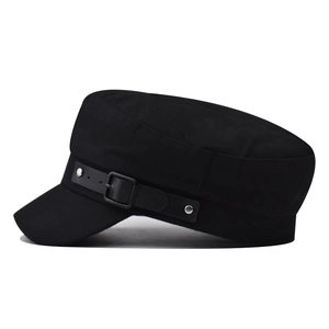 Classic black cotton flat top military cap with leather strap and silver buckle detail
