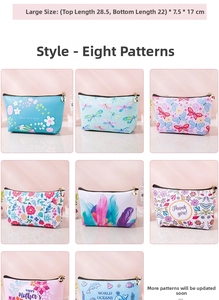 Waterproof PU makeup bags with diverse floral patterns and golden zipper detail