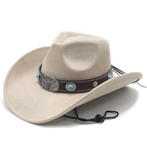 Beige wool jazz fedora with western cattle buckle and turquoise decorative band