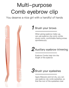 Rose gold stainless steel eyelash tweezers and brow comb tool with detailed usage instructions