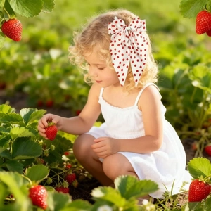 Detail of a large white bow hair clip with red polka dots worn by a girl in a strawberry field