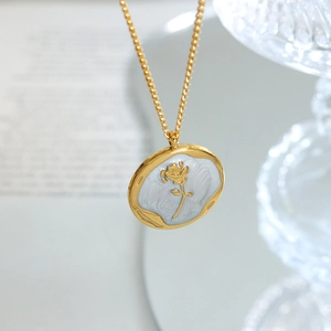 French style gold plated rose flower enamel round pendant necklace for women