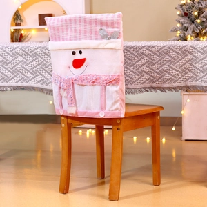 Detail of pink sequin snowman chair cover with 3D carrot nose and festive plush fabric