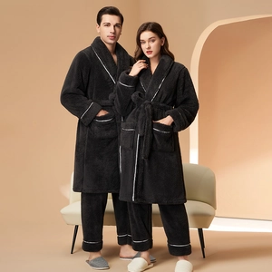 Thick black coral fleece pajama set for couples with white contrast piping and robe