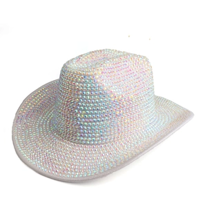 Detail of white party hat featuring hand-set iridescent rhinestones and sequins