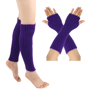 Detail of purple ribbed knit leg warmers and arm sleeves set with elastic texture