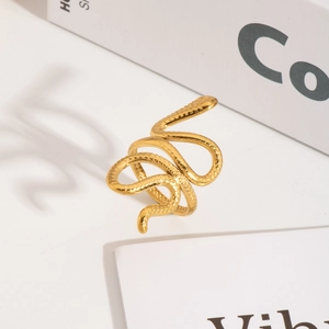 Elegant gold snake wrap ring in polished stainless steel with detailed scale texture
