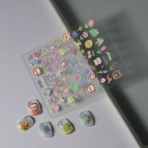 5D embossed cartoon nail stickers featuring cute green frogs, bears, and flower designs