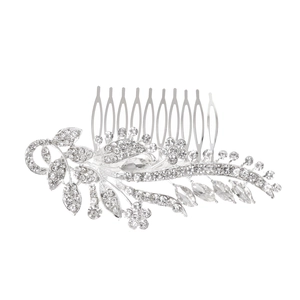 Macro del pettine da sposa in argento con cristalli strass e motivo a foglie e fiori