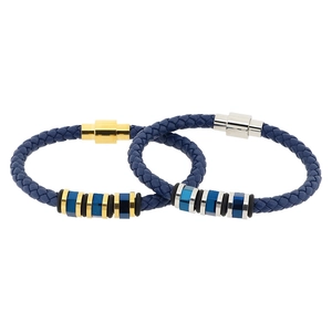 Blue braided leather bracelets with gold and silver magnetic clasps and crystal beads