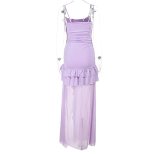 Detail of light purple slim dress with ruffled mesh hem and ruched elastic fabric