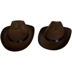 Detailed view of two dark brown felt cowboy hats with black decorative bands on white background