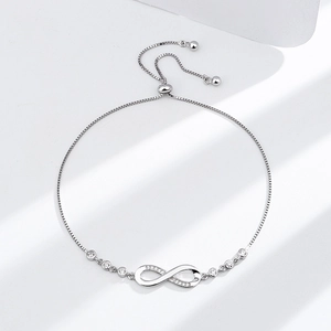 S925 silver infinity symbol adjustable box chain bracelet with sparkling white zircons